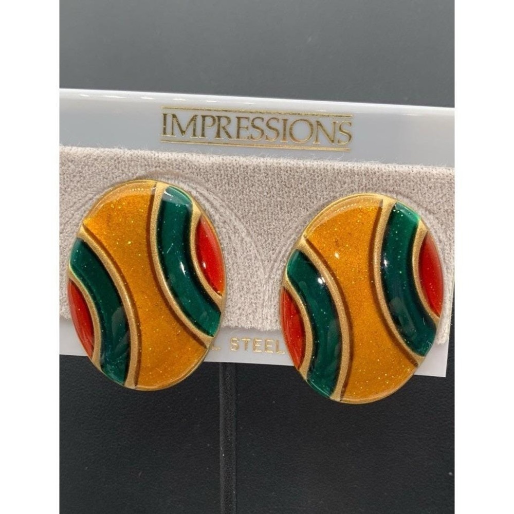 Vintage 80's NOS Sparkly Enamel Oval Pierced Earrings Fall Colors